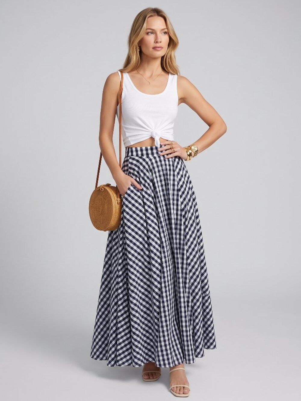 Women's Black White Gingham Plaid Maxi Skirt High Waist Flowy A-Line - Picture 1 of 4